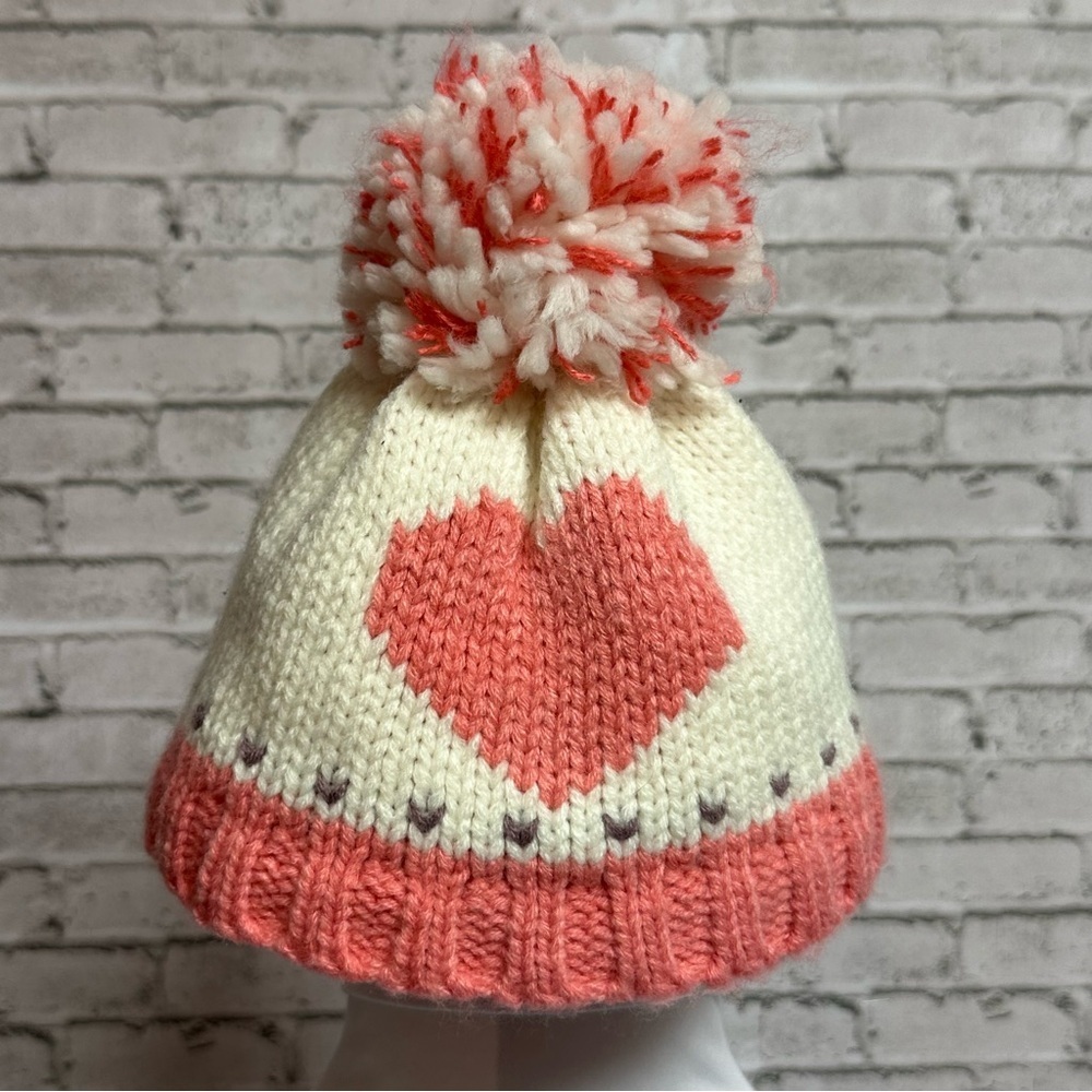 Knit Lined Winter Toddler Hat Pink Heart Pom Pom Toboggan Beanie 9.5" X 6"